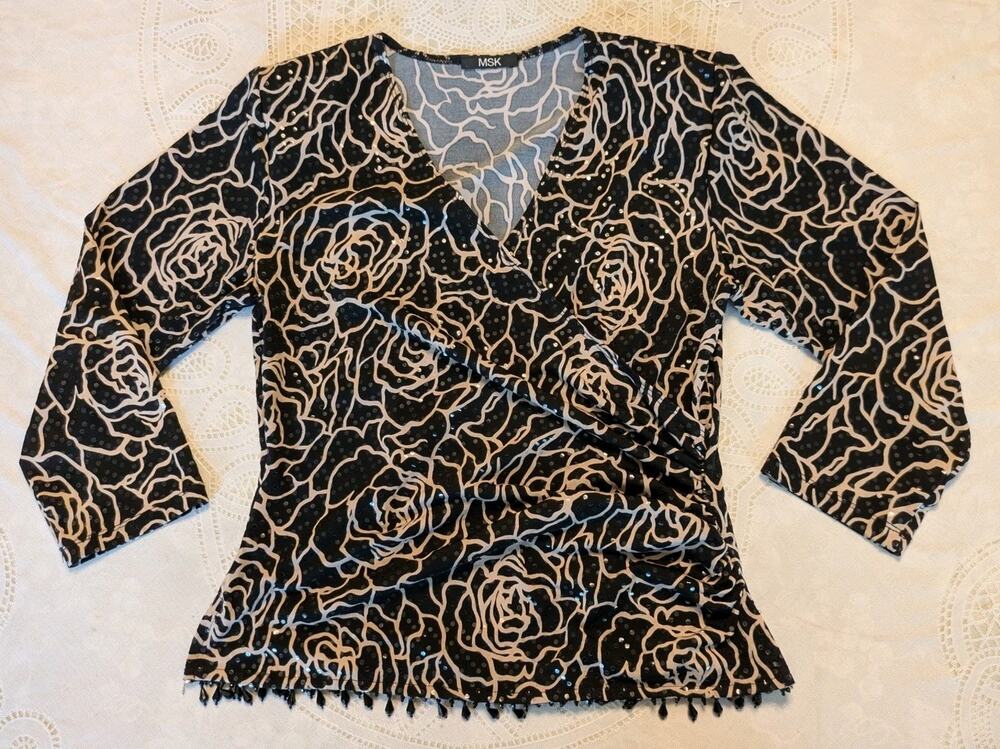 MSK Women’s Black Beige Rose Sequin Ruched Wrap Top Bell Sleeve S